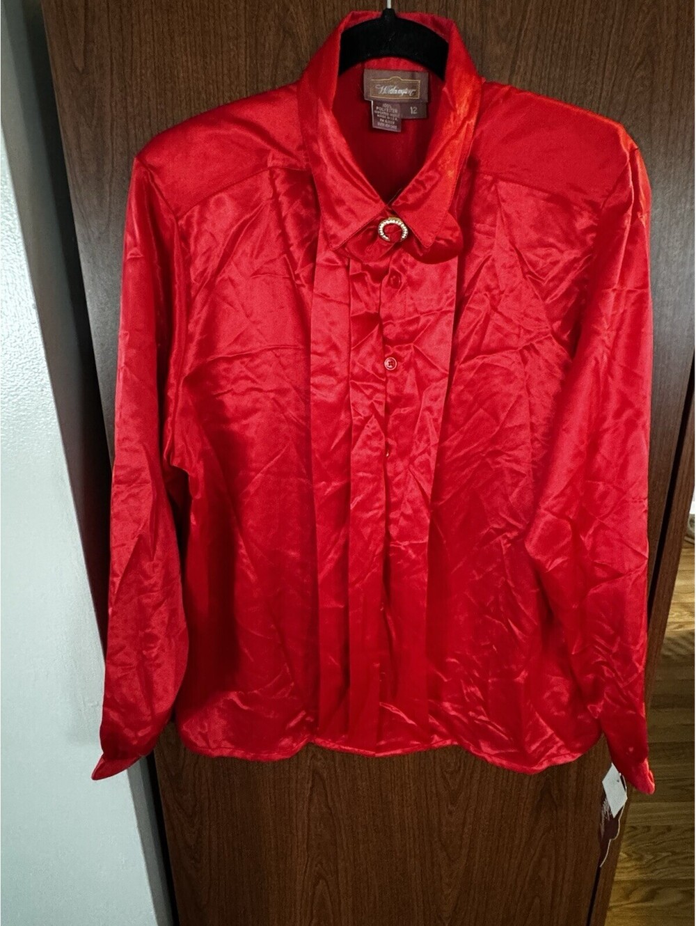 Vintage Worthington Red Satin Blouse NWT Size 12 Jeweled Tie Neck USA